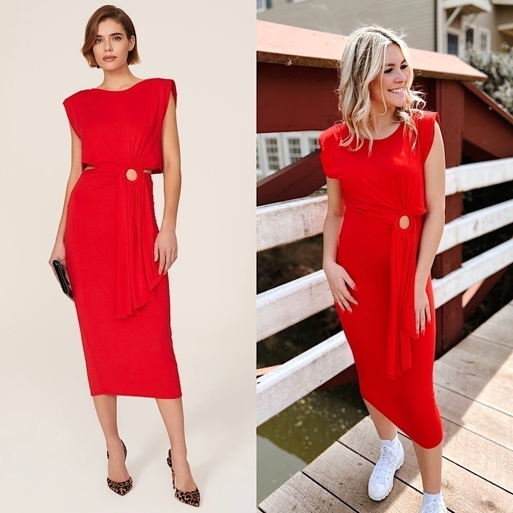 BB DAKOTA Sleeveless Waist Cutout Asymmetric Draped Jersey Sheath‎ Midi Dress S